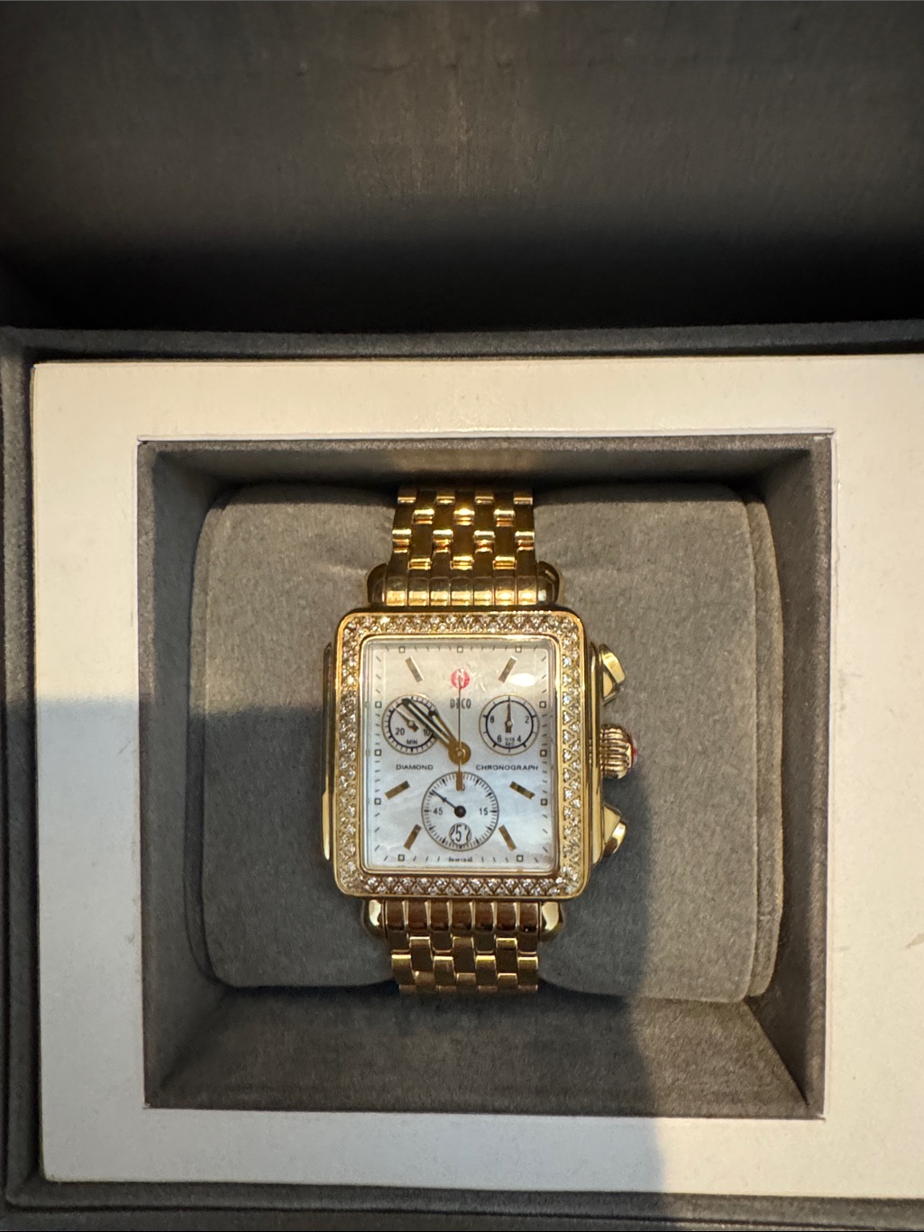 Michele Gold Tone Square Chronograph Watch With White MotherOfPearl Dial